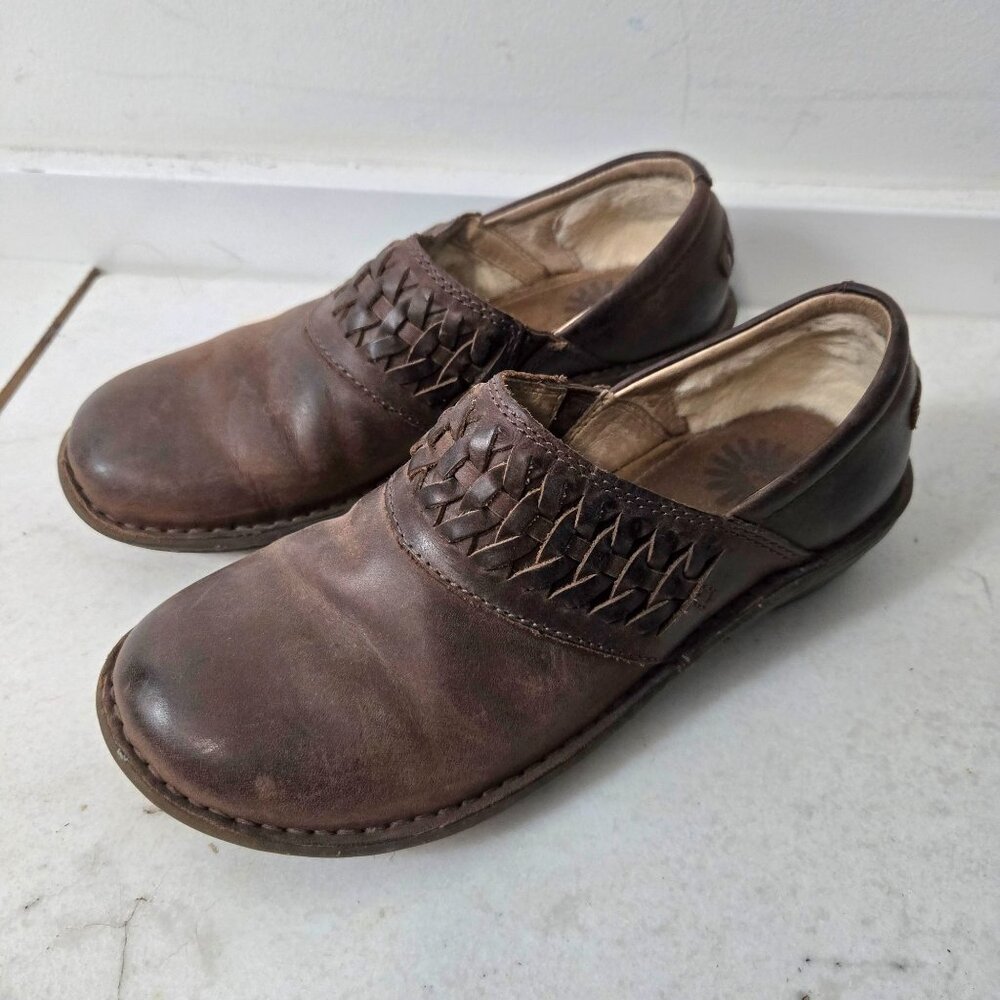 UGG Anila Women's 7 Braided Slip-On Clogs Brown Leather Wool Lined